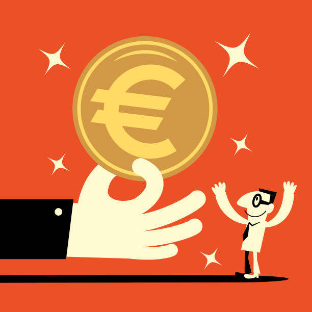 Big hand giving a big euro symbol currency money (european union coin) to a smiling businessman (banking payment, lottery, perks, wages) vector art illustration