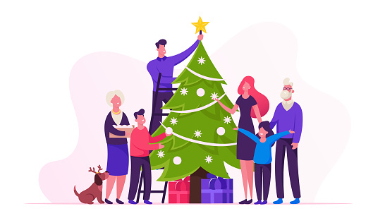 Big Happy Family Decorate Christmas Tree Together Prepare for Winter Holidays Celebration Hanging Balls and Star on Top of Spruce, People Celebrating New Year at Home. Cartoon Flat Vector Illustration