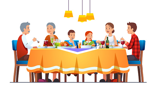 Big happy family dining together celebrating thanksgiving with turkey, wine. Grandparents, parents, kids eating together sitting at full laid table smiling, talking. Flat vector illustration