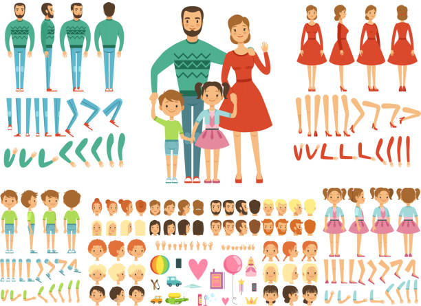 Big happy family. Mother, father and childrens. Mascot creation kit. Funny couple with kids Big happy family. Mother, father and childrens. Mascot creation kit. Funny couple with kids. Family cartoon constructor with emotion and pose. Vector illustration limb body part stock illustrations