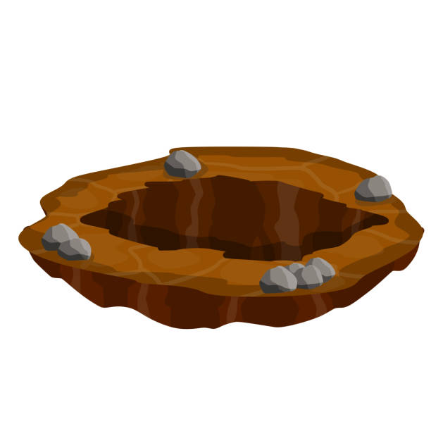 Big hole in ground. Brown dry soil and mine. Element of desert landscape. Cartoon illustration  big hole in desert clipart stock illustrations