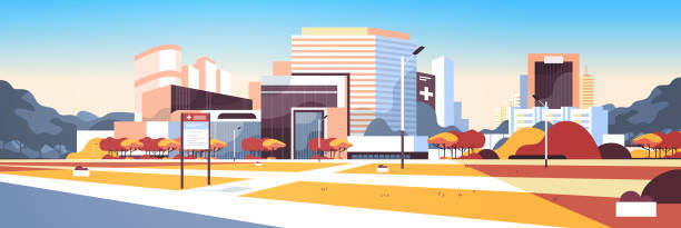 big hospital building modern medical clinic exterior with yard information board trees cityscape background outdoors in autumn flat horizontal big hospital building modern medical clinic exterior with yard information board trees cityscape background outdoors in autumn flat horizontal vector illustration hospital cartoon stock illustrations