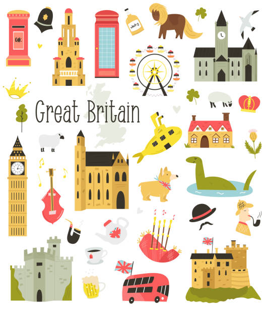 wielki zestaw ikon zabytków, symbole wielkiej brytanii. londyn, liverpool, manchester brighton, edynburg, budynki salisbury - brighton stock illustrations