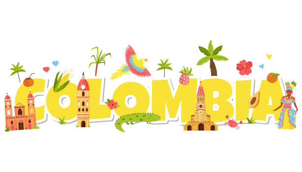 большие буквы колумбия с символами и достопримечательностями - колумбия stock illustrations
