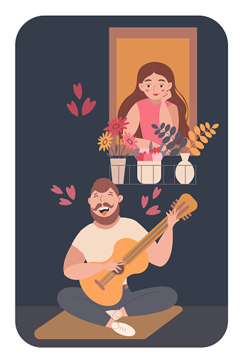 A big man with a beard and mustache sitting by the window in the beloved, plays guitar and sings a serenade. The girl looks out the window and listens to the singing. Vector illustration. Serenade