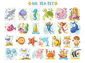 Big Marine set of vector illustration on the marine theme. Collection of sea animals in cartoon style. Tropical summer pictures. Sea life illustration.