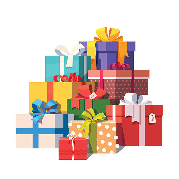 Big pile of colorful wrapped gift boxes Big pile of colorful wrapped gift boxes. Lots of presents. Flat style vector illustration isolated on white background. birthday present stock illustrations