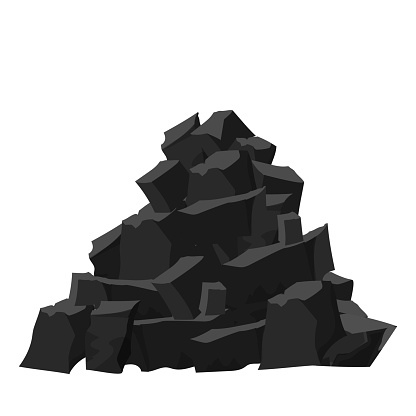 Big pile, stack of coal pieces, charcoal in cartoon style isolated on white background. Black and dark grey colours, detailed drawing. Heavy industry, construction of ore, resource.