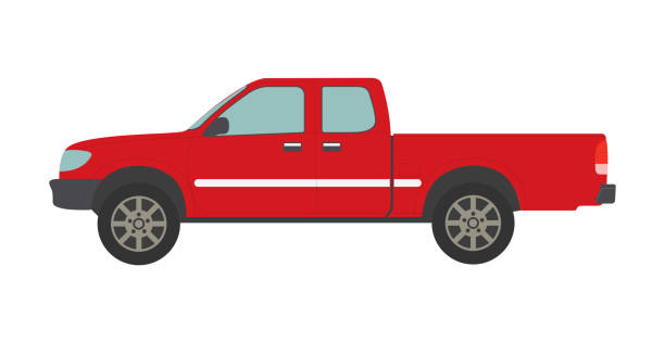 stockillustraties, clipart, cartoons en iconen met big red pickup truck isolated on white background - vector - front view old jeep