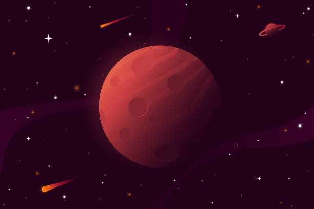 Big red planet with craters. Mars vector illustration. Space background with stars, planet and comets. Decoration for your design. Eps 10. Big red planet with craters. Mars vector illustration. Space background with stars, planet and comets. Decoration for your design. Eps 10. mars planet stock illustrations