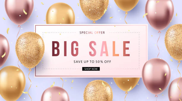 Big Sale banner template design Big Sale banner template design. Elegant holiday design with realistic flying balloons. Poster, card or flyer with helium shine rose-gold, gold balloons and confetti balloon borders stock illustrations