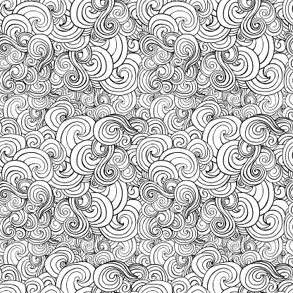 Big seamless pattern, black and white stylized curls, waves for