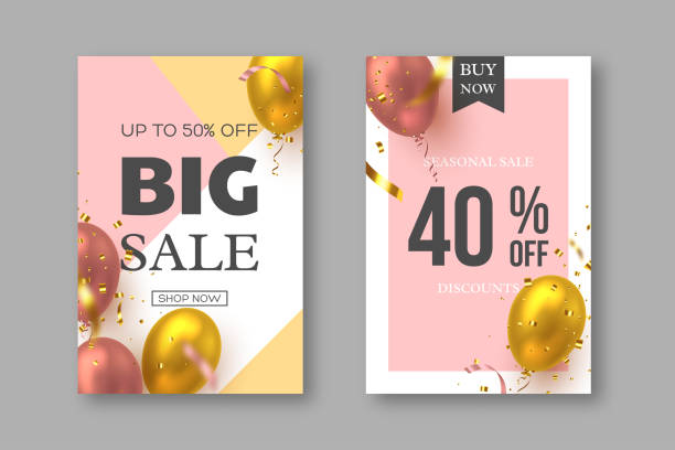 Big seasonal sale posters or banner. Big seasonal sale posters with realistic 3d air balloons and confetti. Special offer festive discount template in golden and pink colors. Vector illustration. balloon backgrounds stock illustrations
