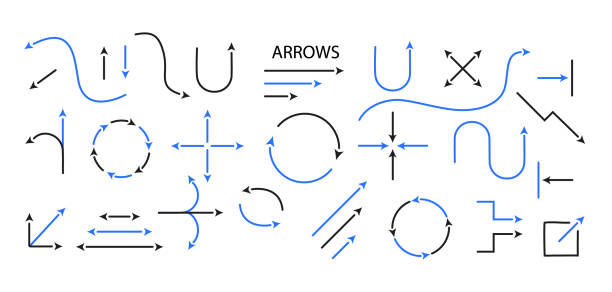 ilustraciones, imágenes clip art, dibujos animados e iconos de stock de flechas de conjunto grande y señales de direcciones. - arrow