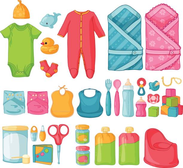 duży zestaw rzeczy dla dzieci. ñute zestaw rzeczy dla dzieci. izolowane ikony artykułów dla niemowląt dla noworodków. odzież, zabawki, akcesoria do higieny, żywność dla niemowląt.  wektor - baby formula stock illustrations