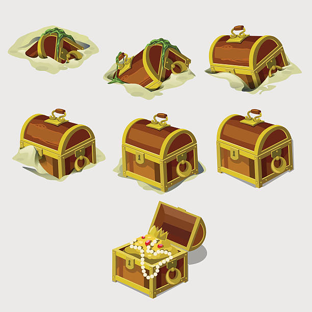 Big set chest with treasures, seven vector icons Big icons set of closed and open chest with treasures jewelry treasure chest gold crate stock illustrations
