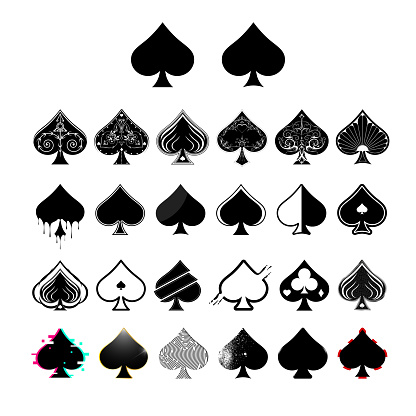 Big set of black spades suits playing cards of different designs for gambling. Great design for poker and casino of spades suits. Vector illustration.