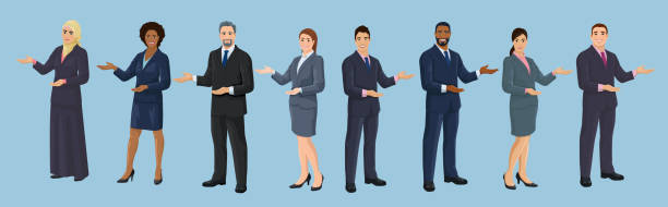 Big set of business people with pointing gesture Diversity business people. European, African American, Asian and Arab business men and women are pointing sideways by hand. Set of isolated vector illustrations old arab man stock illustrations