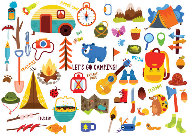 ilustraciones, imágenes clip art, dibujos animados e iconos de stock de gran conjunto de elementos de camping y animales lindos en estilo dibujado a mano. colección de verano con equipamiento de camping. - camping