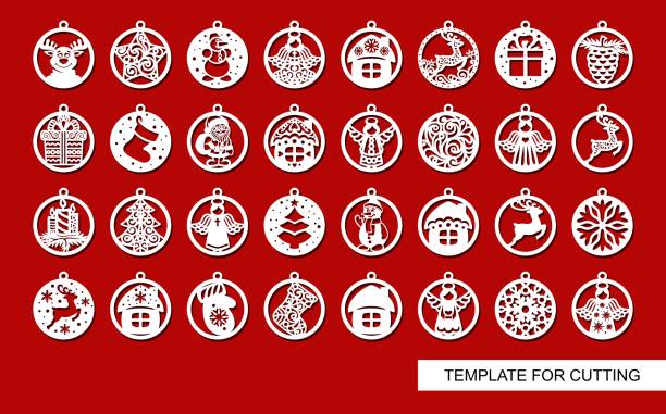 Big set of Christmas decorations - balls Big set of Christmas decorations - balls with a Santa Claus, deer, snowflake, candle, angel, snowman, gift, sock, Christmas tree, house. Template for laser cut. New Year theme. Vector illustration. cutting stock illustrations