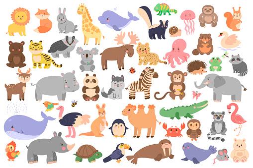 Big set of cute animals in cartoon style isolated on white background. Vector graphics.
