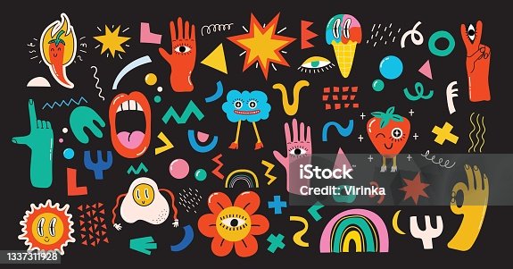 istock Big Set of Different colored Vector illustrations in Cartoon Flat design. Hand drawn Abstract shapes, funny cute 1337311928