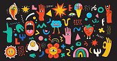 istock Big Set of Different colored Vector illustrations in Cartoon Flat design. Hand drawn Abstract shapes, funny cute 1337311928