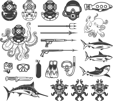 Big set of diving icons. Diver equipment, weapon, sea animals. Design elements for label, emblem, sign, poster,t-shirt. Vector illustration