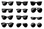istock Big set of fashionable black sunglasses on white background. Black glasses isolated with shadow for your design. 1141907495