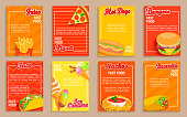 Big set of fast food shop flyers,banners.Collection of fries, pizza, hot dog,burger and nachos,burrito taco and ice cream menu pages for cafeteris,resaurant.Posters for truck advertise.Design template