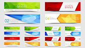 Set of banners with a polygonal geometric background with different design elements and colors (ribbons, arrows, lines)
