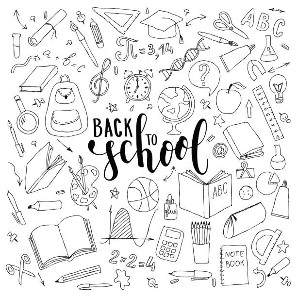 big set of hand drawn doodle welcome back to school with lettering. Hand drawn calligraphy and brush pen lettering phrase back to school big set of hand drawn doodle welcome back to school with lettering. Hand drawn calligraphy and brush pen lettering phrase back to school. teacher drawings stock illustrations