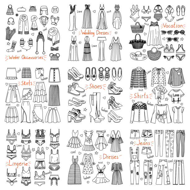 Big set of hand drawn fashion clothes and accessories Big set of hand drawn fashion clothes and accessories. Dresses, jeans, lingerie, shoes, hats, scarfs and other in doodle style fashion dress sketches stock illustrations