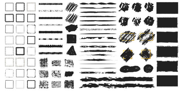 Big set of hand drawn grunge torn frames, box shapes. Vector isolated background. Distressed brush strokes, blots, borders and rough dividers. Big set of hand drawn grunge torn frames, box shapes. Vector isolated background. Distressed brush strokes, blots, borders and rough dividers. metal drawings stock illustrations