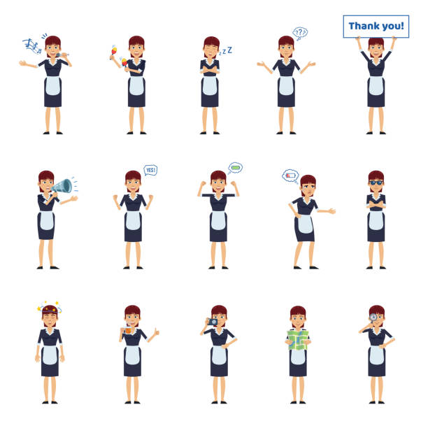 Big set of housemaid characters showing different actions, gestures, emotions Cheerful maid singing, sleeping, holding loudspeaker, banner, map and doing other actions. Simple vector illustration nurse talking to camera stock illustrations