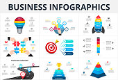 Big set of infographic elements. Can be used for steps, business processes, workflow, diagram, flowchart concept and timeline. Data visualization vector design template.