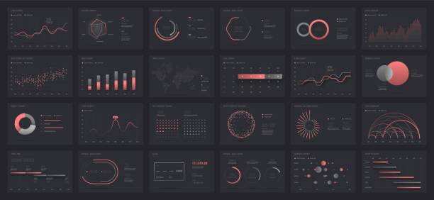 Big set of infographics. Dashboard UI with big data visualization. Big set of infographics on a dark background. Use in presentation templates, mobile app and corporate report. Dashboard UI with big data visualization. big data stock illustrations