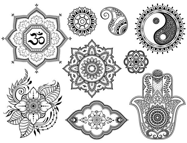 große reihe von mehndi blumenmuster, lotus, mandala, mantra om, yin-yang-symbol und hamsa für henna zeichnung und tattoo. dekoration im orientalischen, indischen ethnostil. - lotusblume tattoo stock-grafiken, -clipart, -cartoons und -symbole