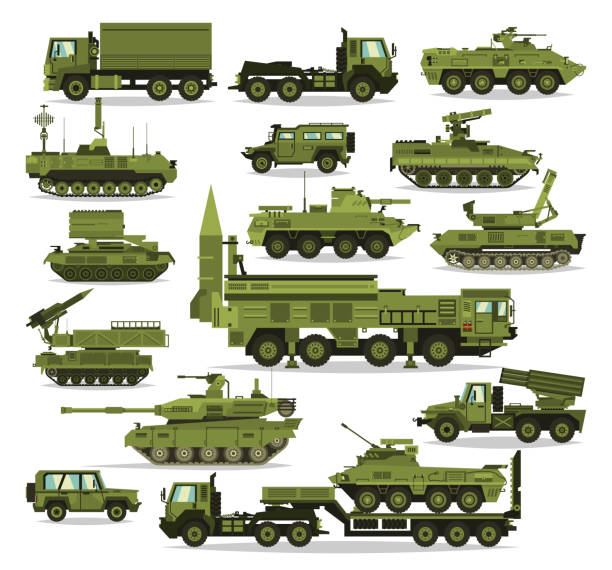 Big set of military equipment. Heavy, reservations and special transport. Equipment for the war. The missile, tanks, trucks, armored vehicles, artillery pieces. Isolated objects. Vector illustration Big set of military equipment. Heavy, reservations and special transport. Equipment for the war. The missile, tanks, trucks, armored vehicles, artillery pieces. Isolated objects. Vector illustration military land vehicle stock illustrations