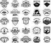 Big set of mountain camp, outdoor adventure emblems. Design element for emblem, sign, label. Vector illustration