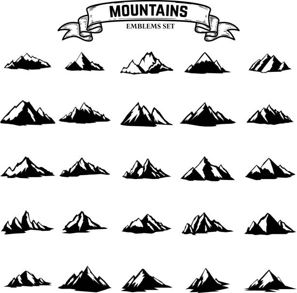 Big set of mountains icons isolated on white background. Design elements for label, emblem, sign. Big set of mountains icons isolated on white background. Design elements for label, emblem, sign. Vector illustration mountain drawings stock illustrations