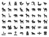 Big set of safari, arctic, forest animal and bird such as tiger, seal, camel, sloth, kangaroo, frog, pelican, parrot, toucan icon, solid icon