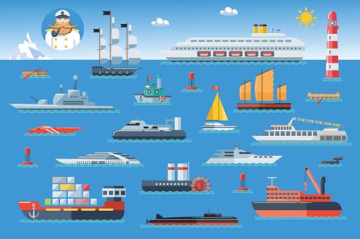 Big set of sea ships. Side view vector illustration.