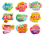 Set of summer sale and discount stickers.Hot season clearance price tag.Invitation for online shopping with 50 percent price off,special offer card,template for design,banner for Mid or end of season.