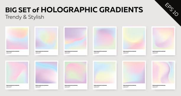 Big Set of Trendy Pastel Holographic Backgrounds. Big Set of Trendy Pastel Holographic Backgrounds for Cover, Flyer, Brochure, Poster, Wedding Invitation, Wallpaper, Backdrop, Business Design. Abstract Template for Social Media Design. holographic stock illustrations