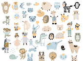 Big set of wild cartoon animals & pets. Cute handdrawn kids clip art collection. Vector illustration