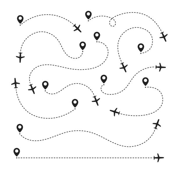 Big set plane route line. Airplane travel concept with map pins, GPS points. Flight start point concept or theme. Vector illustration Big set plane route line. Airplane travel concept with map pins, GPS points. Flight start point concept or theme. Vector illustration. airport clipart stock illustrations