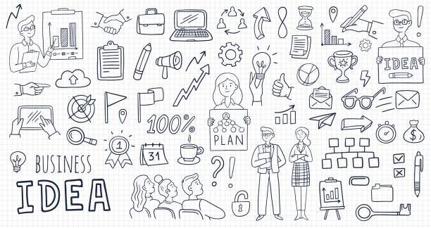 Big set with business elements and people in doodle style. Vector Illustration can be used in education, bank, It, SaaS, finance, marketing, and other areas. leadership drawings stock illustrations