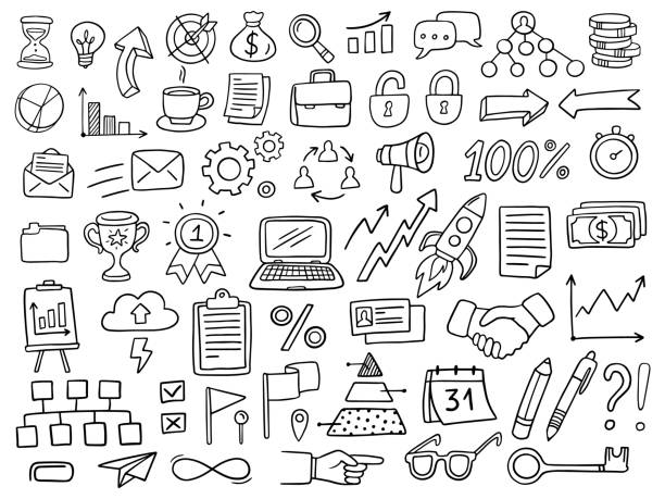 Big set with business icons in doodle style. Vector Illustration can be used in education, bank, It, SaaS, finance, marketing, and other areas. leadership drawings stock illustrations