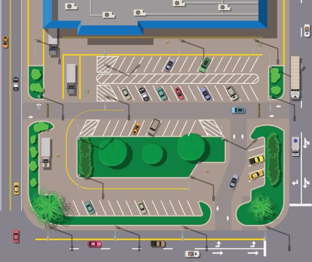 Big shopping center or mall and parking for cars. Big shopping center or mall and parking for cars. City parking lot with different cars. Tree area. Parking zone top view with various vehicles. City life. Vector illustration in flat style aerial view stock illustrations